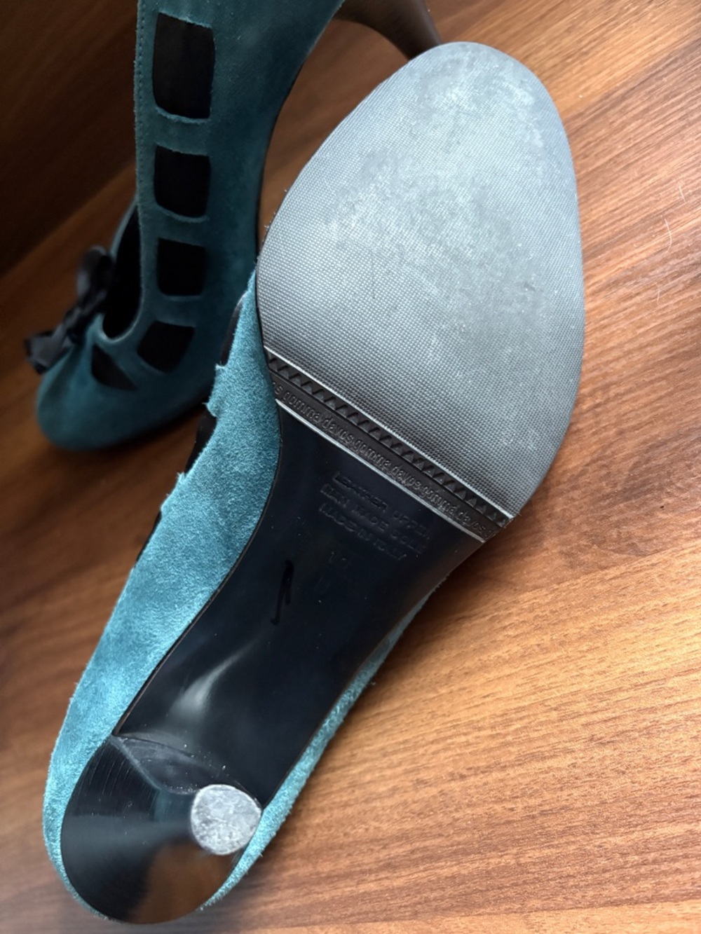 Massimo Baldi Italian-Made Blue Suede Heels Black Ribbon & Bow Women's Size 10 - Picture 14 of 15
